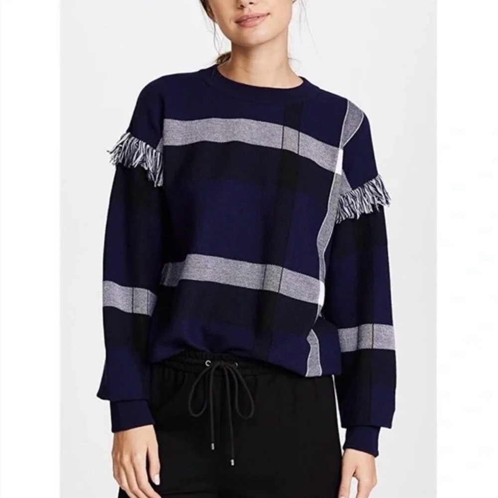 Tory Burch Gwen Fringe Navy and Black Plaid Sweater